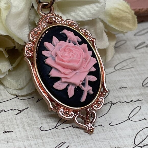 Gothic Steampunk Halloween Rose Gold Necklace Black Pink Rose Cameo Jewelry - Picture 5 of 11